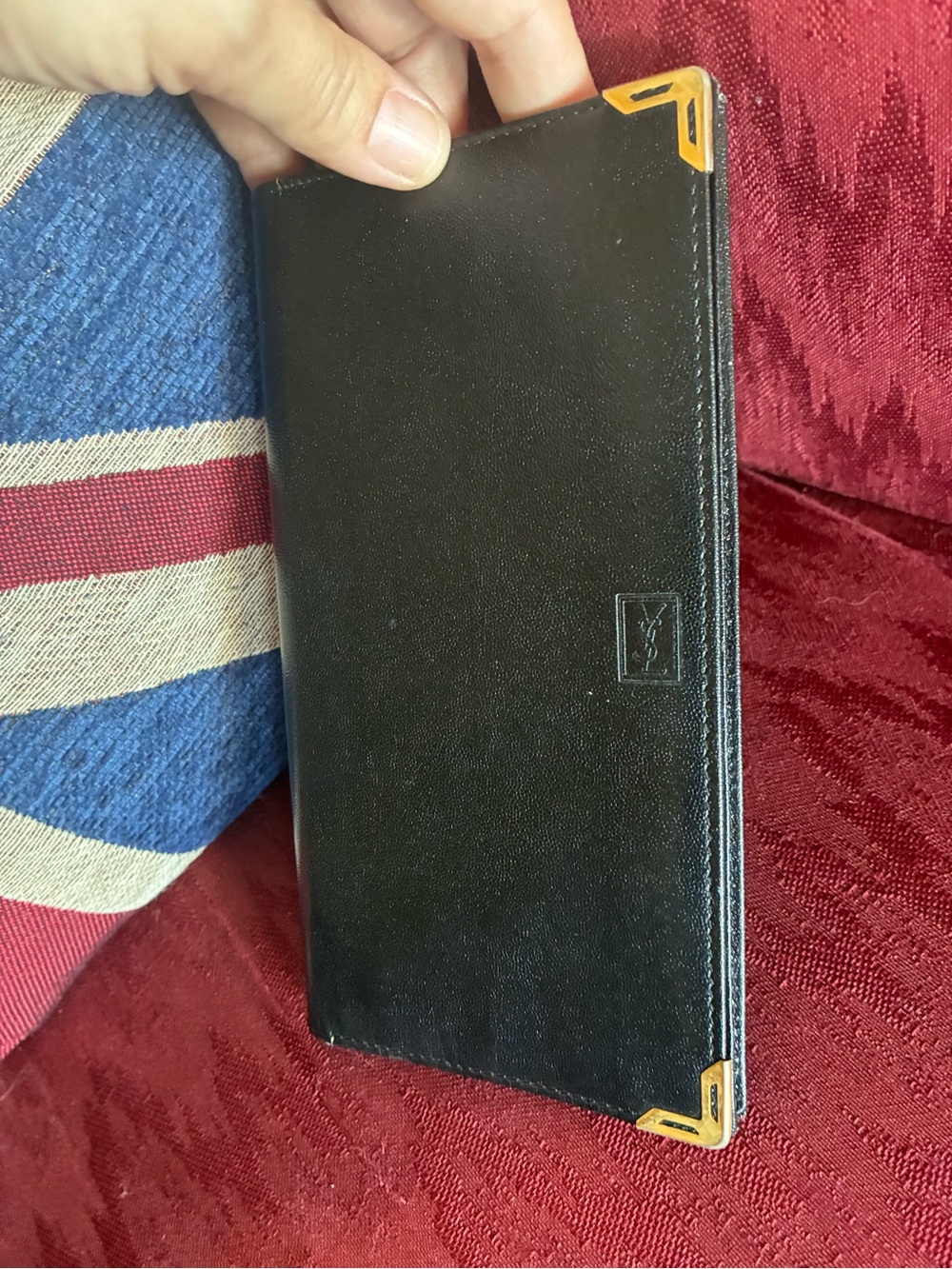 Yves Saint Laurent Shiny Black Leather Long Wallet with Gold Corner Accents